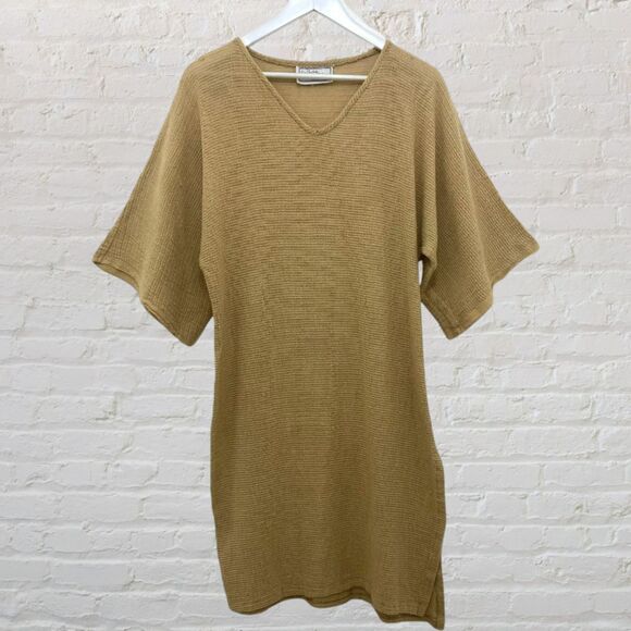 Joy Charlotta XS Cotton Knit Dress Tie Belt Mustard Yellow Side Slit Boho - Picture 3 of 16